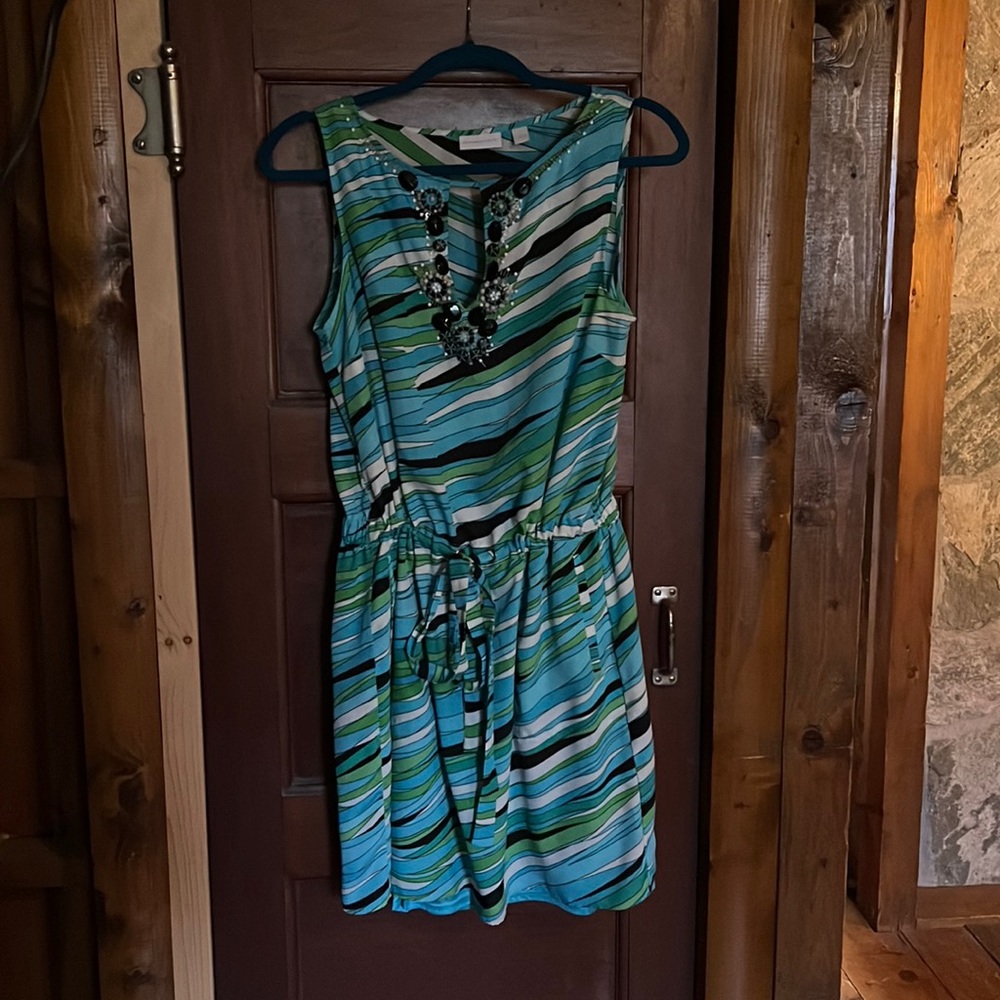 New your and company patterned dress with beaded neck detail.